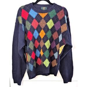 Vintage Mens Club Room Shetland Wool Argyle Sweater Large Navy Blue